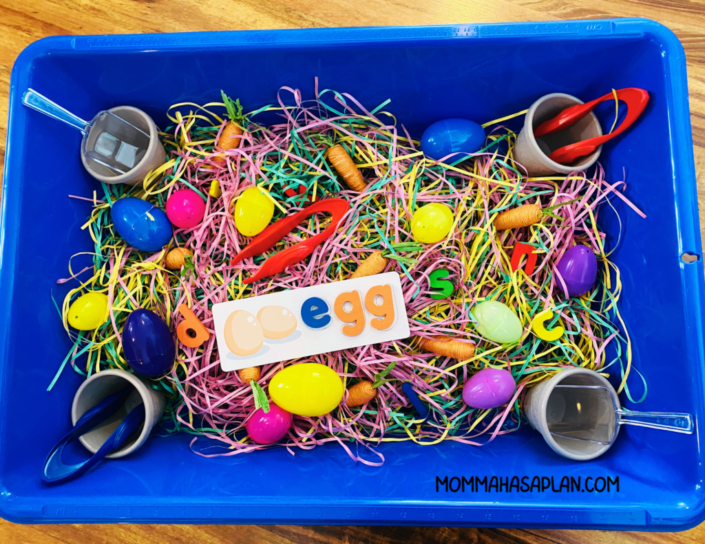 Easter Sensory Bin with literacy game