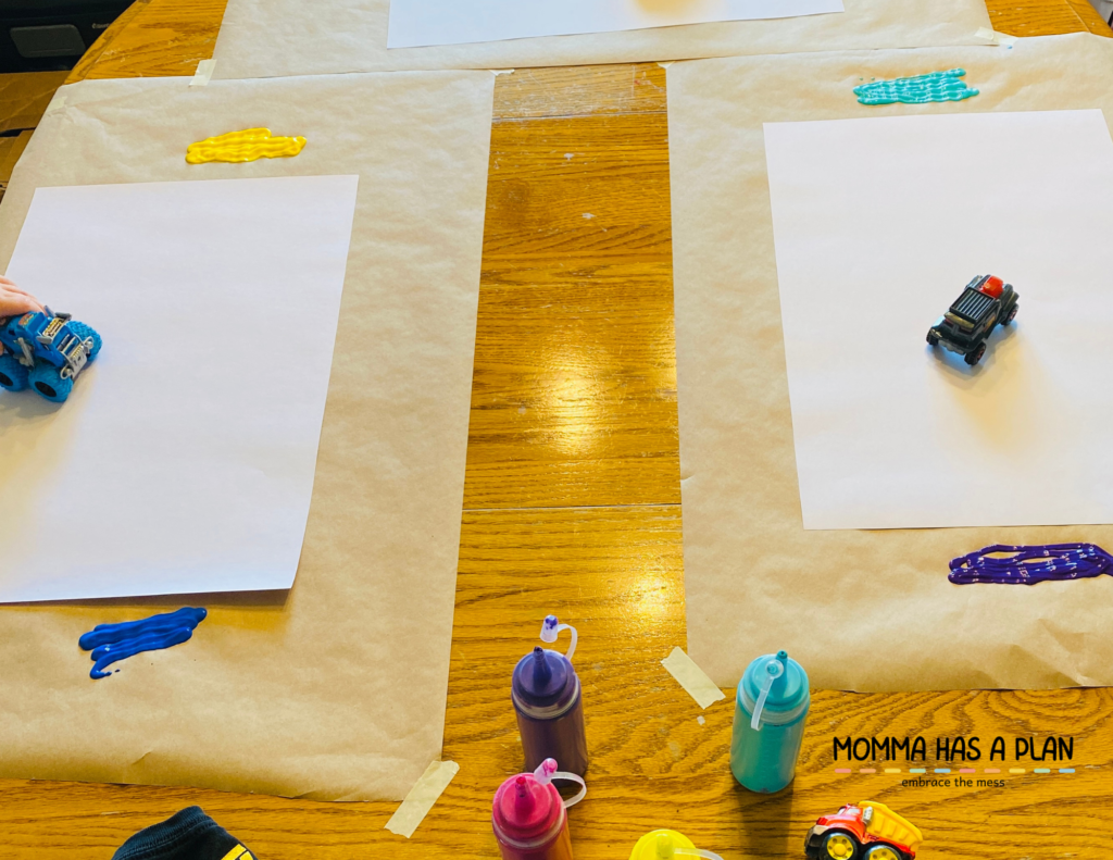 Toy Car painting set up for multiple toddlers